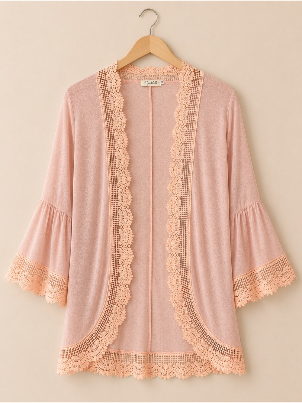Spadehill Blush Pink Crochet Lace Trim Bell Sleeve Kimono Cardigan M - Picture 5 of 17